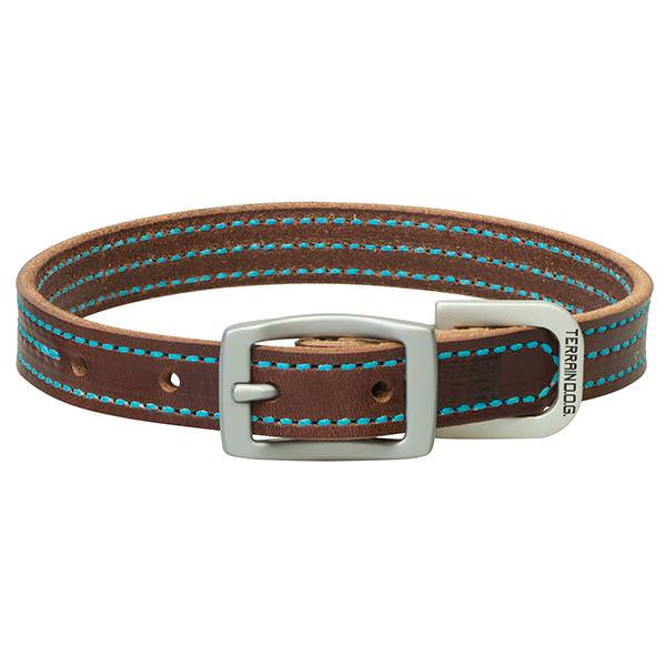 Bridle Leather Dog Collar, Hurricane Blue Stitching, 3/4" x 13"